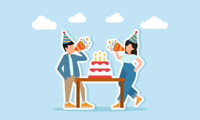 Man and woman wearing party hats blowing trumpets near a table with a cake illustration of appreciation for celebrating the new year