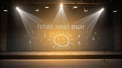 Bright Inspirational Stage with "Future Shines Bright" Text and Cheerful Sun Design Illuminated by Stage Lights