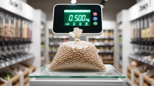 Weighing Dry Beans on Digital Scale in Modern Supermarket
