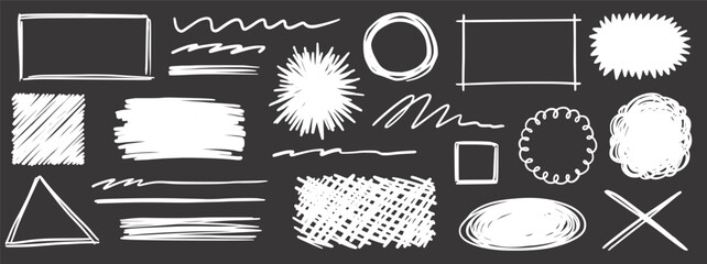 Pencil scribble vector frame set. Hand drawn pencil texture scribble stroke rectangle, circle frame and underline. Grunge sketch marker cloud bubble on blackboard. Vector illustration