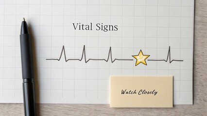 Vital Signs Monitoring Concept with Heartbeat Line, Pen, and Note for Attention in Health and Wellness Context