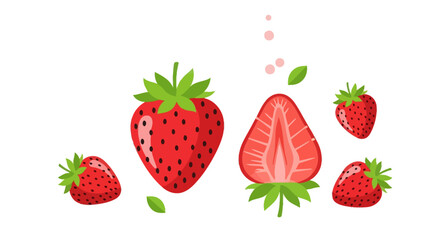 Illustration of whole and halved strawberries with green leaves and small pink dots on a white background.