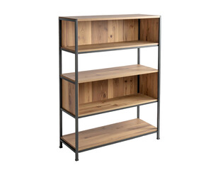 A four-tier, open-shelved cabinet with wooden shelves encased in a dark frame