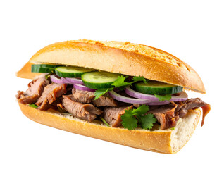 Close-up of a loaded sandwich with meat, vegetables, and herbs on a baguette