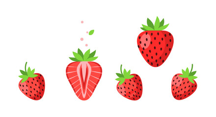 Five stylized strawberries, one sliced open, with small green leaves and seeds, isolated on a white background.