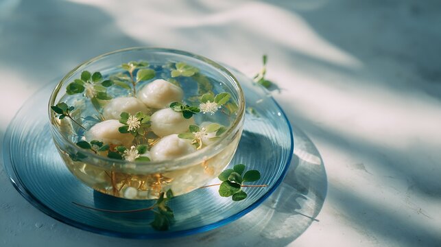 Azerbaijani dushbara isolated in a transparent bowl, small dumplings in clear broth with fresh herbs