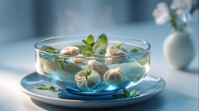 Azerbaijani dushbara isolated in a transparent bowl, small dumplings in clear broth with fresh herbs