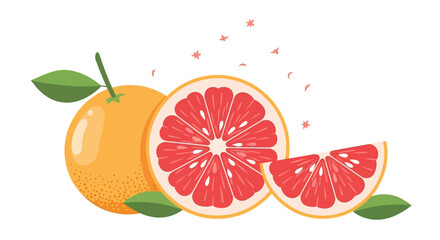 A vibrant illustration of a grapefruit, showcasing whole, halved, and sliced segments, with leaves.