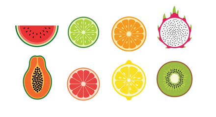 Colorful, graphic illustration showcasing sliced fruits, including watermelon, lime, orange, dragon fruit, papaya, grapefruit, lemon, and kiwi.