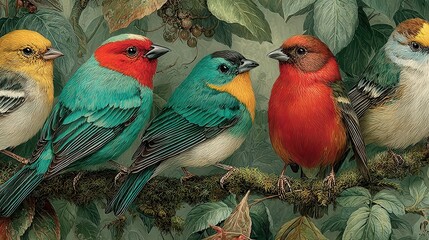 Exquisite Display of Various Bird Species with Distinct Sizes and Bright Plumage Nestled Amongst Greenery Inviting Nature Lovers Curiosity