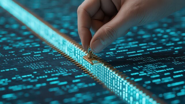 A hand pulling a zipper across a digital screen with binary code and glowing blue light effect showing