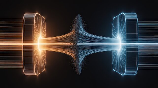 Abstract representation of data transfer with orange and blue light streams on a dark background