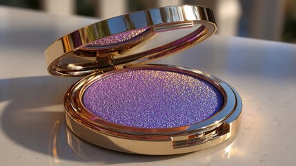 Stylish Abstract Makeup Compact Featuring Bold Purple and Gold Gradient Evoking Luxury and Individuality in Modern Beauty Trends