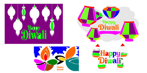 Vibrant and Colorful Happy Diwali Festival Illustrations Set with Traditional Lanterns, Lamps (Diya), and Earthen Pots in Modern Flat Graphic Style