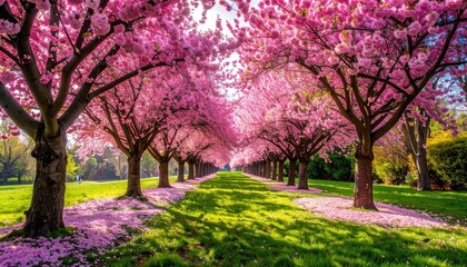 Cherry Blossom Canopy in Park with Sunlight Green Grass and Pink Petals Forming Carpet Underneath Tree Branches During Daytime in Spring