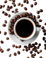 Overhead view of a cup of black coffee surrounded by coffee beans