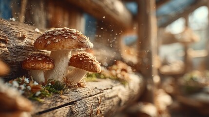Fresh Shiitake Mushrooms Fruiting on Stacked Rough-Textured Hardwood Surfaces Emphasizing Organic Growth and Culinary Creativity