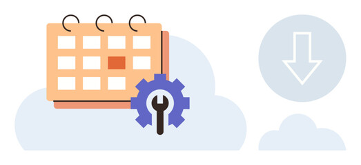 Calendar with a gear and wrench over a cloud, symbolizing task scheduling, configuration, and flexibility. Ideal for planning, technology, automation, productivity, cloud services customization