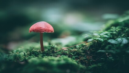 Fototapeta premium A single, small, red-capped mushroom stands in mossy foliage with a blurred background