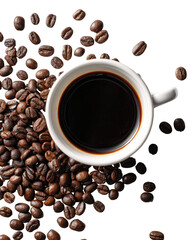 Espresso in white cup, coffee beans