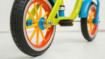 Fototapeta premium Colorful children's bicycle with vibrant wheels, showcasing a playful design and bright colors that attract young riders.