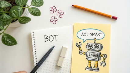 Creative workspace with robot drawing and notes on modern desk featuring pen, greenery, and paper clips for innovation themes