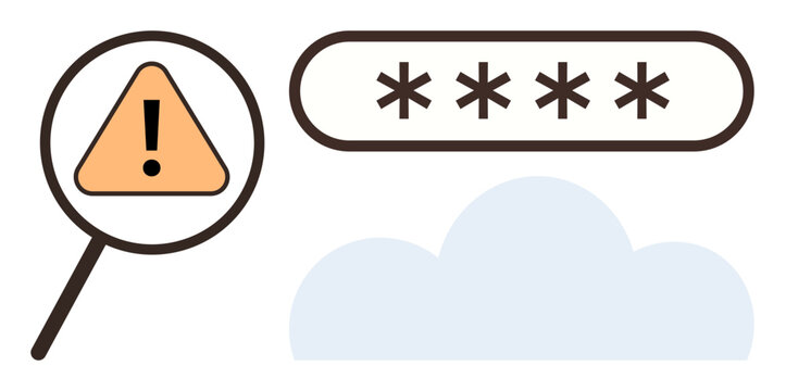 Magnifying glass highlights warning triangle, obscured password, cloud. Ideal for security, data protection, online privacy, cloud storage, alert systems, risk management simple flat metaphor