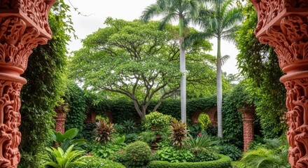 Lush tropical garden viewed through ornate carved archway