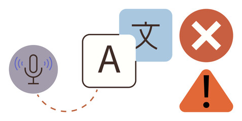 Microphone icon, text blocks, warning triangle, error symbol forming a concept of language translation, communication tools, error alerts, voice recognition, multilingual support. Ideal