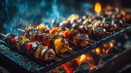 Irresistibly Grilled Skewers with Marinated Mushrooms and Sliced Peppers on Charcoal Grill Creating Perfect Summer Flavor Moments