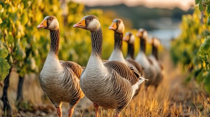 Geese Grazing Between Neat Vineyard Rows Enhancing Natural Weed Control and Promoting Sustainable Agriculture in Tranquil Environments