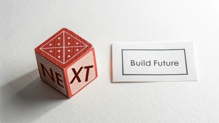 Wooden block with the word 'Next' alongside a card that says 'Build Future' on a simple background for motivational themes