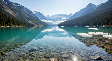 Breathtaking view of lake louise in banff national park, showcasing the turquoise water, snowcapped mountains, and pristine natural beauty