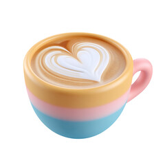 Latte art heart shape in a colorful cup on black.