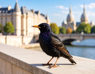 Glossy starling perched on stone railing by river!