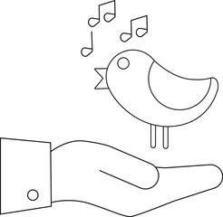 line icon of a hand carrying a singing bird icon