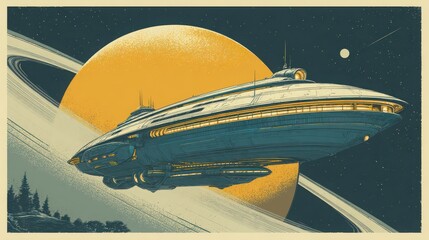 Retro-Futuristic Travel Poster of a Sleek Interstellar Cruise Inspiring Awe and Imagination for Future Space Travelers