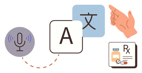 Microphone symbol with sound waves, language blocks, sign language hand, and prescription card. Ideal for accessibility, translation, healthcare, language learning, technology communication simple