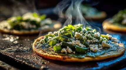 Delicious Oval Blue-Corn Tlacoyo on Sizzling Hot Griddle with Fresh Diced Nopales for Authentic Culinary Delight