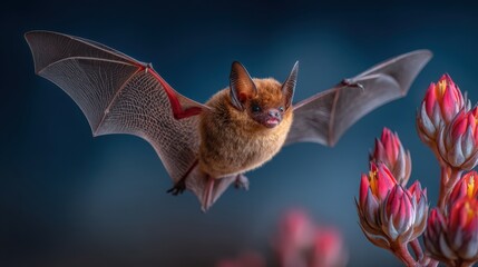 Elegant Nectar-Feeding Bat Captured in Mid-Flight Approaching Blooming Agave Flower Highlighting Pollination and Environmental Awareness