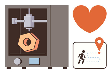 Fototapeta premium 3D printer creating an object, orange heart symbol, and running figure with destination indicated. Ideal for innovation, technology, creativity, health, fitness design movement concepts. Simple