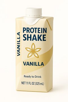 Rendered Studio Photograph of Ready to Drink Protein Shake Packaging Container Fake Product Isolated Blank White Vanilla