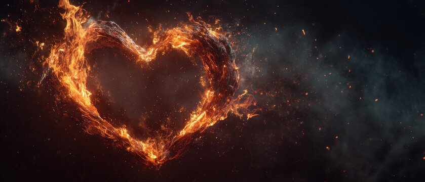 Fiery heart shape on dark background