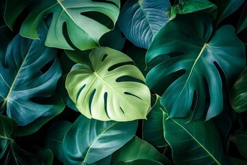 Fototapeta premium Lush Green Tropical Monstera Leaves Background Exotic Foliage Texture Natural Plant Pattern