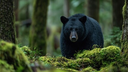 Naklejka premium Black bear in lush forest environment