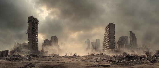 Destroyed city after disaster with ruins of buildings under a cloudy sky