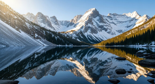 Scenic reflection of snow capped mountains and evergreen trees in a pristine lake on a sunny day in the canadian rockies, alberta, canada