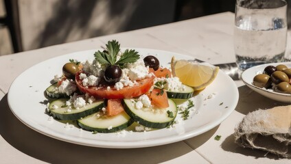Fresh Greek Salad with Olives, Feta, and Lemon Wedge.