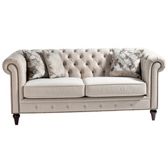 Fototapeta premium Light beige tufted sofa with decorative pillows