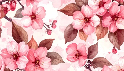 Watercolor Cherry Blossom Pattern - Delicate Floral Design for Spring.